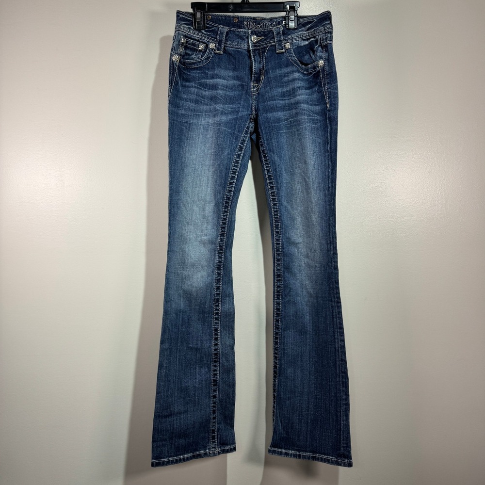 Miss Me Bootcut Jeans Womens 28x33 Dark Wash Rhinestone Embellished Back‎ Pocket